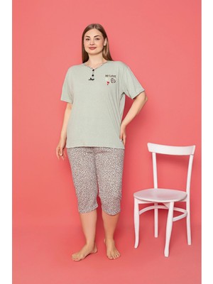Asel Büyük Beden Likralı Pamuklu Kapri Pijama Takım