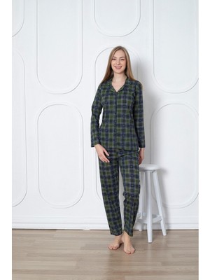 Asel Kadın Boydan Düğmeli Ekose Pijama Takım
