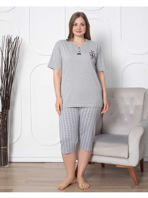 Asel Büyük Beden Likralı Pamuklu Kapri Pijama Takım