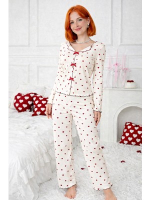 Burcumay Kadın Fiyonk Detaylı Kalpli Uzun Kol Sevgiliye Hediye Pijama Takımı