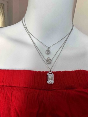 Uno Di Famiglia 3 ' Lü Çelik Charm Kolye Seti , Kristal Taşlı Kolye , Kilit Figürlü Kolye , Inci Detaylı Kolye