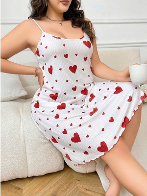 Civetta Büyükbeden Kalp Desen Pamuklu Ince Askılı Uzun Gecelik