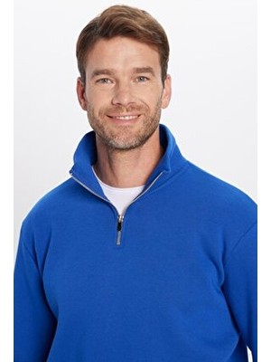 Tudors Unisex Sax Mavi Relax Fit Pamuklu Yarım Fermuarlı Sweatshirt Uzun Kollu Rahat Kesim