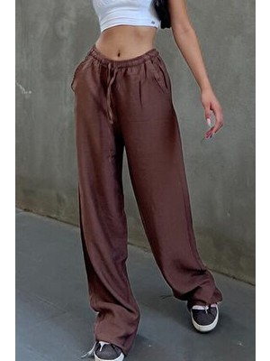 la & vetta Kadın Bol Kesim Kahverengi Keten Karışımlı Pantolon İnce Kumaş ve Düz Desen