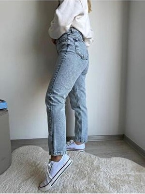 Belirtilmemiş Kadın Mavi Mom Jeans Yüksek Bel Kot Pantolon Pamuk Elastan Düz Desen Günlük Stil