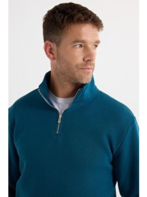 Tudors Unisex Relax Fit Rahat Kesim Pamuklu İçi Polarlı Yarım Fermuarlı İndigo Dik Yaka Sweatshirt