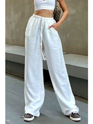 la & vetta Beyaz Keten Karışımlı Bol Kesim Pantolon