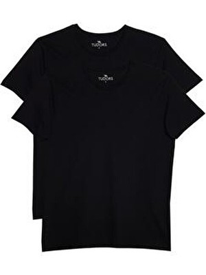 Tudors Unisex 2'li Paket Siyah Slim Fit Dar Kesim %100 Pamuk Bisiklet Yaka Tişört