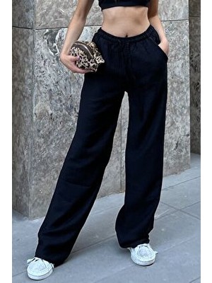 la & vetta Kadın Bol Kesim Pantolon Siyah Keten Karışımlı İnce Kumaş Düz Desen