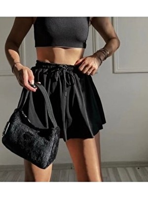  kadın siyah bol kesim ıçi taytlı spor şort etek