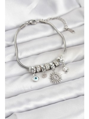 Hayat Store Pirinç Gümüş Renk Güneş Charmlı Kadın Bileklik - Lisinya