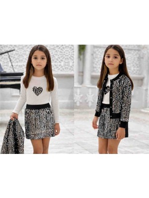 Kalp Nakışlı Pullu Ceketli Üçlü Kız Takım