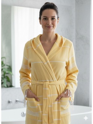 Luna %100 Pamuk Peştemal Bornoz Kapüşonlu Unisex- Sarı