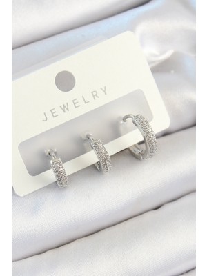 Pirinç Zirkon Taşlı Halka Model Gümüş Renk 3'lü Çift Kadın Küpe Set EB-53-VICE/(1395) 0400