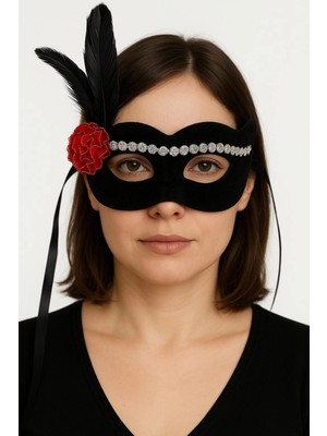 SARVONA Siyah Renk Süet Kaplama Gümüş Dantelli Kırmızı Gül Tasarımlı Parti Maskesi 18X20 cm