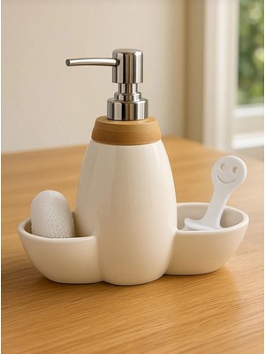 Skygo Porselen Beyaz Sıvı Sabunluk - Mutfak Tezgah Üstü - Fırça ve Sünger Hediyeli - 500 ml