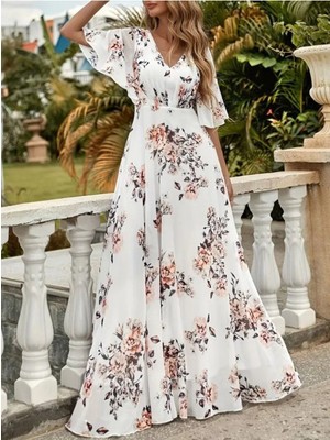 byasafkids Kadın Kısa Kollu V Yakalı Çiçek Desenli Süprem Elbise