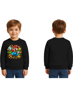 Sedirli Unisex Super Marıo Baskılı Çocuk Swaetshirt 3 Iplik Şardonlu