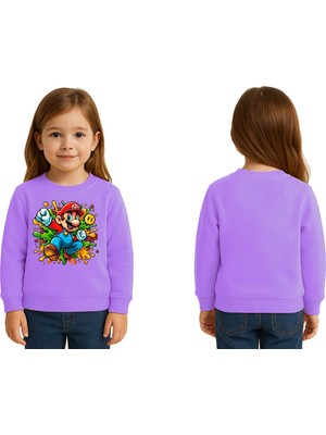 Sedirli Unisex Super Marıo Baskılı Çocuk Swaetshirt 3 Iplik Şardonlu