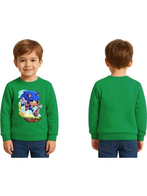 Sedirli Unisex Sonic Baskılı Çocuk Swaetshirt 3 Iplik Şardonlu
