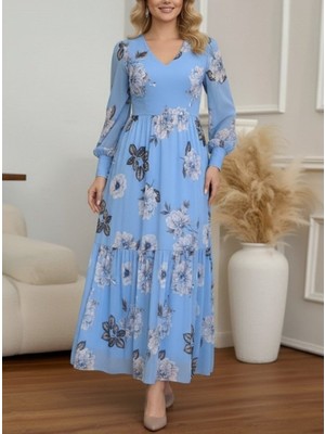 Beruflic Kadın Uzun Kollu V Yakalı Çiçek Desenli Maxi Süprem Elbise