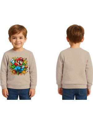 Sedirli Unisex Super Marıo Baskılı Çocuk Swaetshirt 3 Iplik Şardonlu