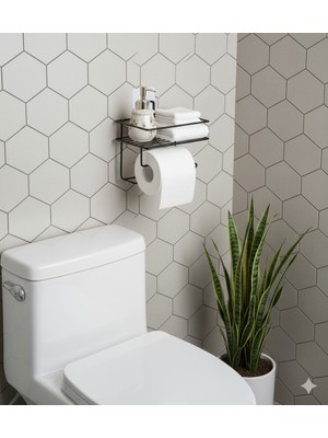 Viatom Yapışkanlı Siyah Raflı Tuvalet Kağıtlığı Wc Kağıtlık Tutucu