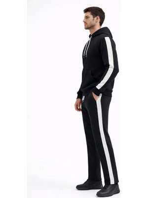 Çamaşır Kenti Erkek Şeritli Eşofman Takım Kapüşonlu Sweatshirt Boru Paça Alt, Oversize 3 Iplik Pamuklu