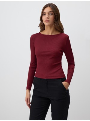 Jimmy Key Bordo Dar Kesim Uzun Kollu Kayık Yaka Örme Bluz