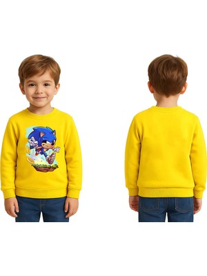 Sedirli Unisex Sonic Baskılı Çocuk Swaetshirt 3 Iplik Şardonlu