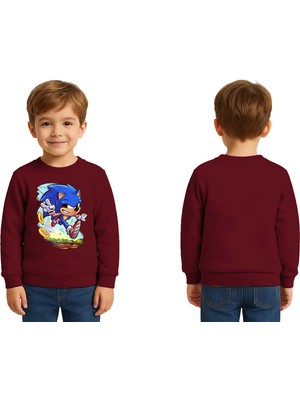 Sedirli Unisex Sonic Baskılı Çocuk Swaetshirt 3 Iplik Şardonlu