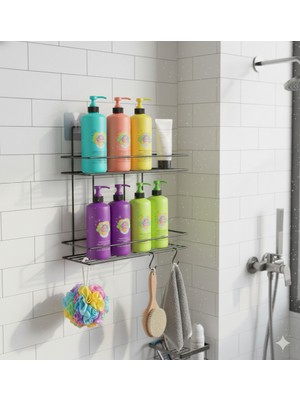 Viatom Yapışkanlı Siyah 2 Katlı Raflı Organizer Dikdörtgen Banyo ve Mutfak Mutfak Rafı, Şampuanlık