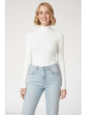 Kadın Tam Boğazlı Fitilli Likrali Kaşkorse Badi Ince Uzun Kollu Kazak - Beyaz