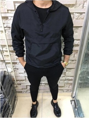 Comstar Erkek Siyah Fermuarlı Astarsız Kanguru Cepli Yağmurluk - Kanguru Cep Yağmurluk