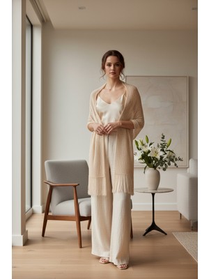 Desdesign Kadın El Örgüsü File Şal - Saçaklı Bohem Omuz Şalı & Etol - Krem/bej