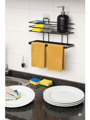 Viatom Yapışkanlı Siyah Raflı Dikdörtgen Havlu Tutucu