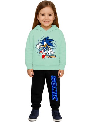 Sedirli Sonic Baskılı Çocuk Eşofman Takımı 3 Iplik Şardonlu Pamuklu Kumaş Kapüşonlu