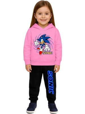 Sedirli Sonic Baskılı Çocuk Eşofman Takımı 3 Iplik Şardonlu Pamuklu Kumaş Kapüşonlu