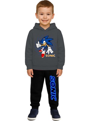 Sedirli Sonic Baskılı Çocuk Eşofman Takımı 3 Iplik Şardonlu Pamuklu Kumaş Kapüşonlu