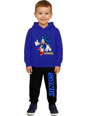Sedirli Sonic Baskılı Çocuk Eşofman Takımı 3 Iplik Şardonlu Pamuklu Kumaş Kapüşonlu