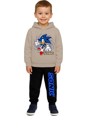 Sedirli Sonic Baskılı Çocuk Eşofman Takımı 3 Iplik Şardonlu Pamuklu Kumaş Kapüşonlu