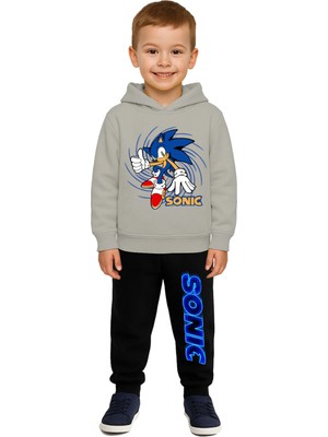 Sedirli Sonic Baskılı Çocuk Eşofman Takımı 3 Iplik Şardonlu Pamuklu Kumaş Kapüşonlu