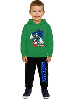 Sedirli Sonic Baskılı Çocuk Eşofman Takımı 3 Iplik Şardonlu Pamuklu Kumaş Kapüşonlu