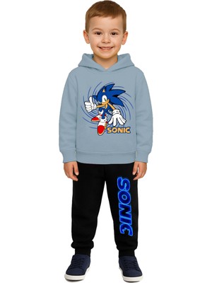 Sedirli Sonic Baskılı Çocuk Eşofman Takımı 3 Iplik Şardonlu Pamuklu Kumaş Kapüşonlu