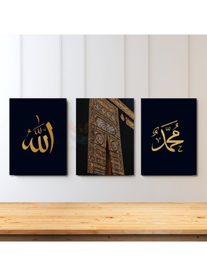 Artarilion Dikey 3'lü Kanvas Tablo Allah Hz. Muhammed Kabe Kapısı Manevi Dini Duvar Tablosu Salon Tablosu