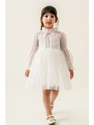 Eray Kids Kız Çocuk Tül Elbise Dik Yaka Fiyonklu Prenses Model Doğum Günü Özel Gün Abiye