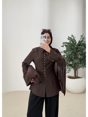Moda Aksa Minik Düğme Gömlek Kahve