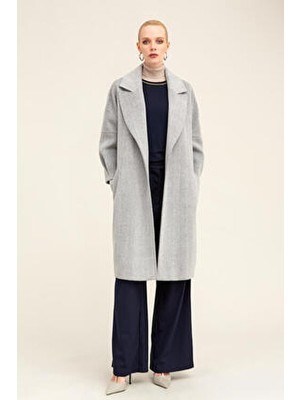 Hatemoğlu Saykı Woman Gri Regular Fit Ceket Yaka Kaşe Yünlü Oversize Manto