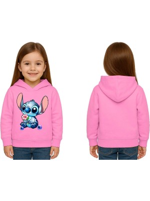 Sedirli Unisex Stitch Baskılı Çocuk Swaetshirt Baskılı Kapüşonlu 3 Iplik Şardonlu