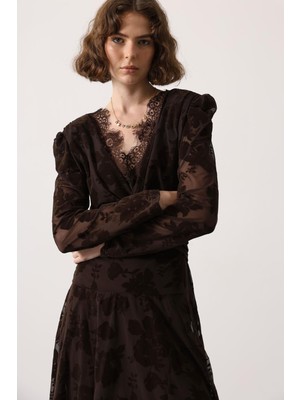 Cemo Flok Baskılı Dantel Yaka Asimetrik Elbise